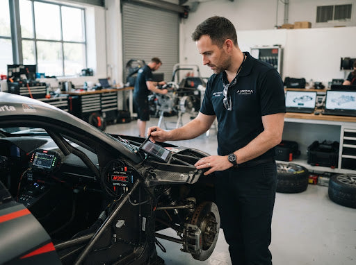 Chris Rhom in engineering garage inspecting race chassis